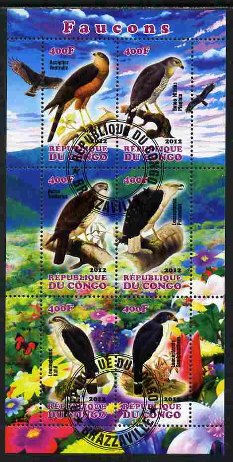 Congo 2012 Falcons perf sheetlet containing 6 values fine cto used, stamps on , stamps on  stamps on birds, stamps on  stamps on birds of prey, stamps on  stamps on falcons