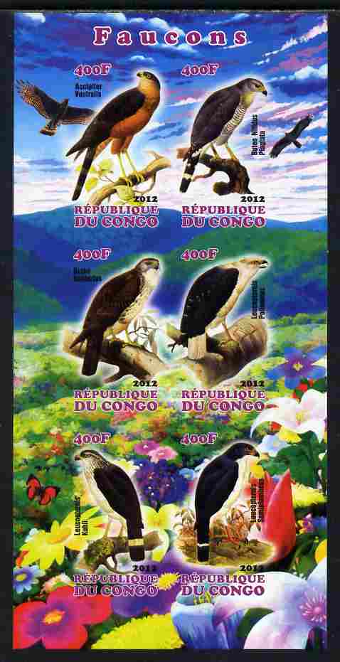 Congo 2012 Falcons imperf sheetlet containing 6 values unmounted mint, stamps on , stamps on  stamps on birds, stamps on  stamps on birds of prey, stamps on  stamps on falcons