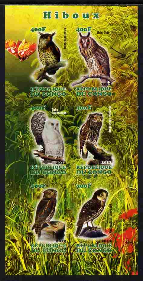 Congo 2012 Owls imperf sheetlet containing 6 values unmounted mint, stamps on , stamps on  stamps on birds, stamps on  stamps on birds of prey, stamps on  stamps on owls