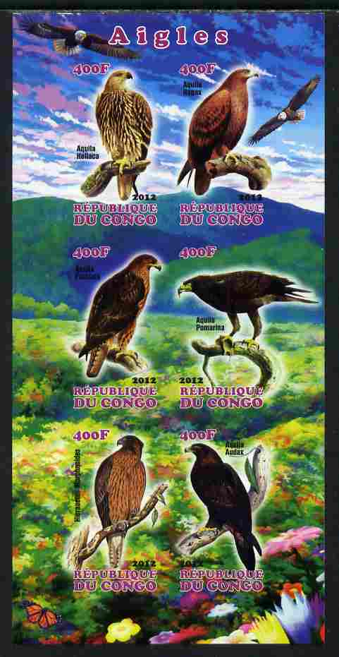 Congo 2012 Eagles imperf sheetlet containing 6 values unmounted mint, stamps on birds, stamps on birds of prey, stamps on eagles