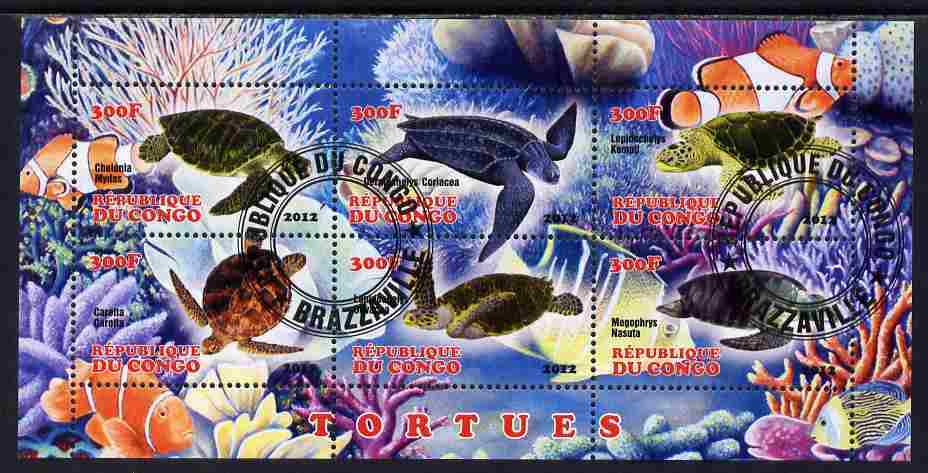Congo 2012 Turtles perf sheetlet containing 6 values fine cto used, stamps on turtles