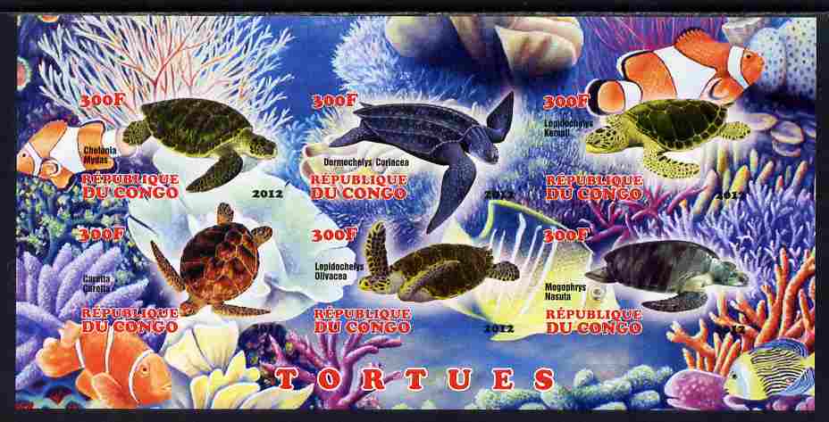 Congo 2012 Turtles imperf sheetlet containing 6 values unmounted mint, stamps on turtles