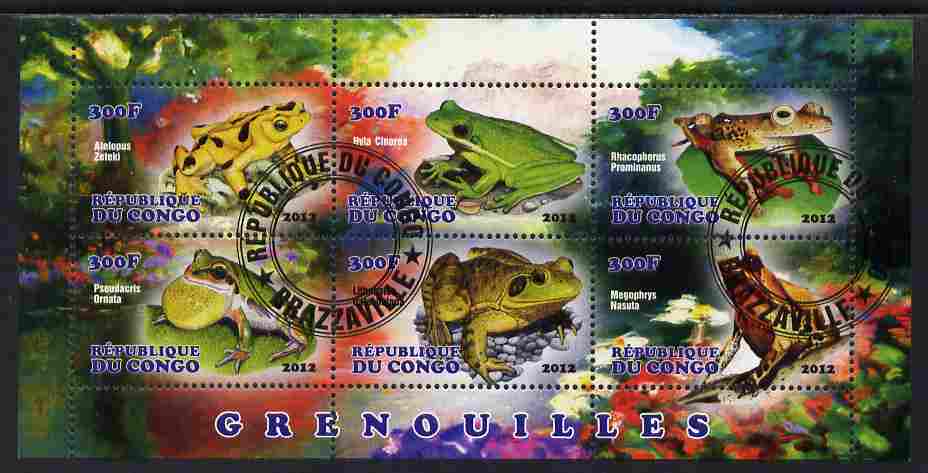 Congo 2012 Frogs perf sheetlet containing 6 values fine cto used, stamps on frogs, stamps on amphibians