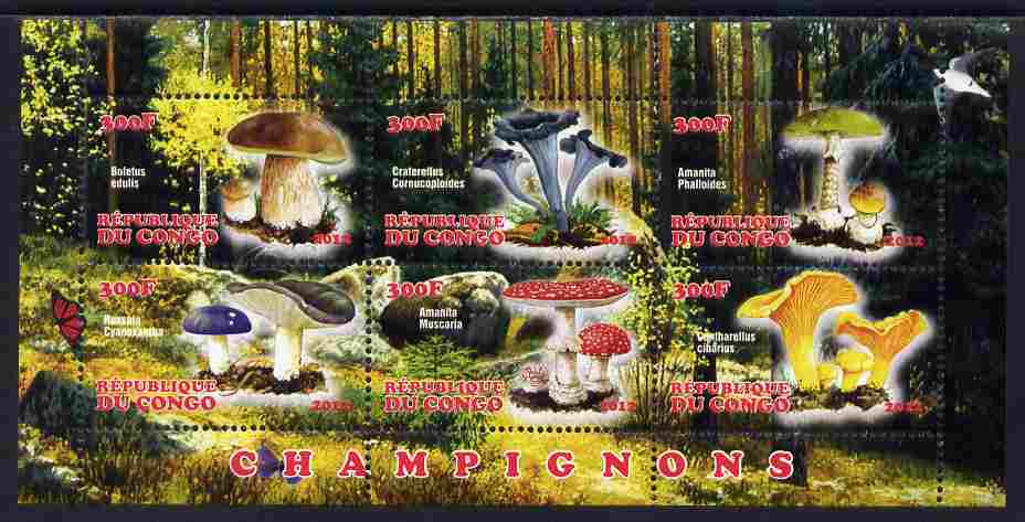 Congo 2012 Mushrooms #1 perf sheetlet containing 6 values unmounted mint, stamps on , stamps on  stamps on fungi