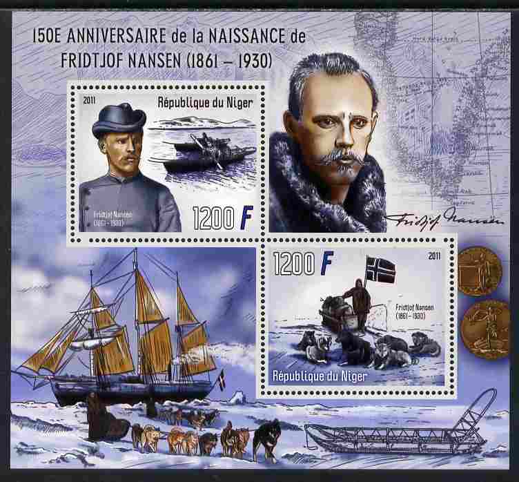 Niger Republic 2012 150th Birth Anniversary of Fridtjof Nansen perf sheetlet containing 2 values unmounted mint, stamps on , stamps on  stamps on personalities, stamps on  stamps on explorers, stamps on  stamps on polar, stamps on  stamps on ships, stamps on  stamps on dogs, stamps on  stamps on maps, stamps on  stamps on 