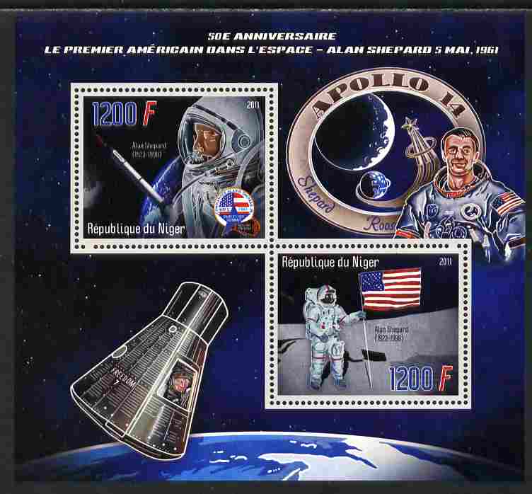 Niger Republic 2012 50th Anniversary of First American in Space (Alan Shepard) perf sheetlet containing 2 values unmounted mint, stamps on , stamps on  stamps on personalities, stamps on  stamps on space, stamps on  stamps on flags