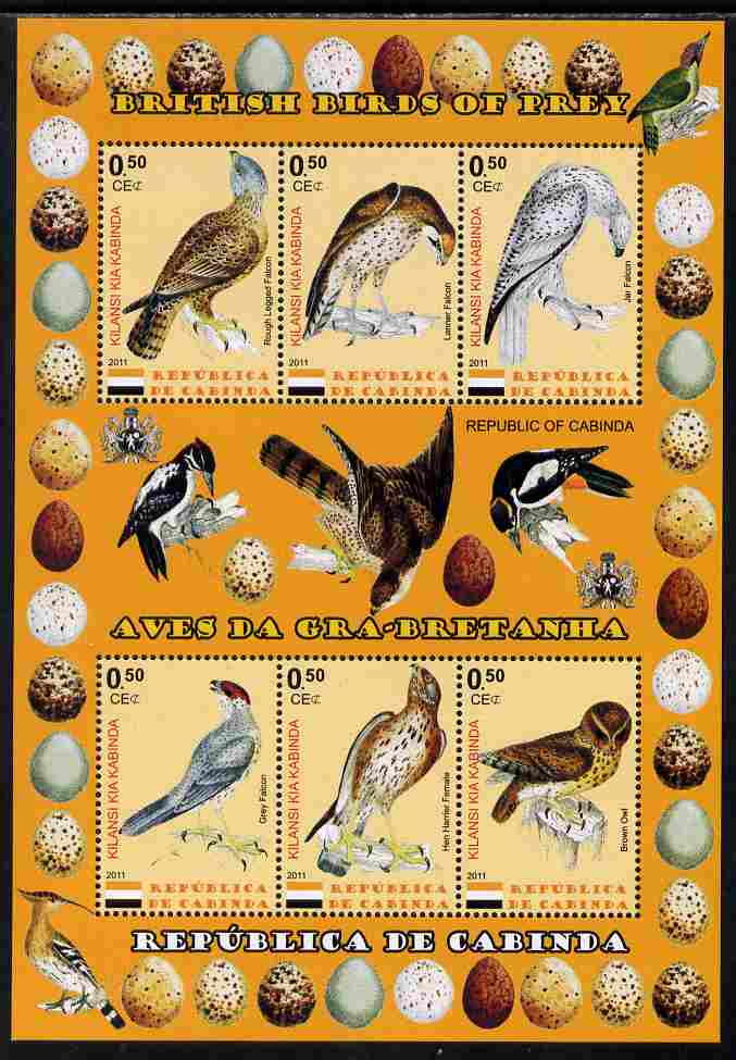 Cabinda Province 2011 British Birds of Prey #1 perf sheetlet containing 6 values unmounted mint, stamps on , stamps on  stamps on birds of prey, stamps on  stamps on birds