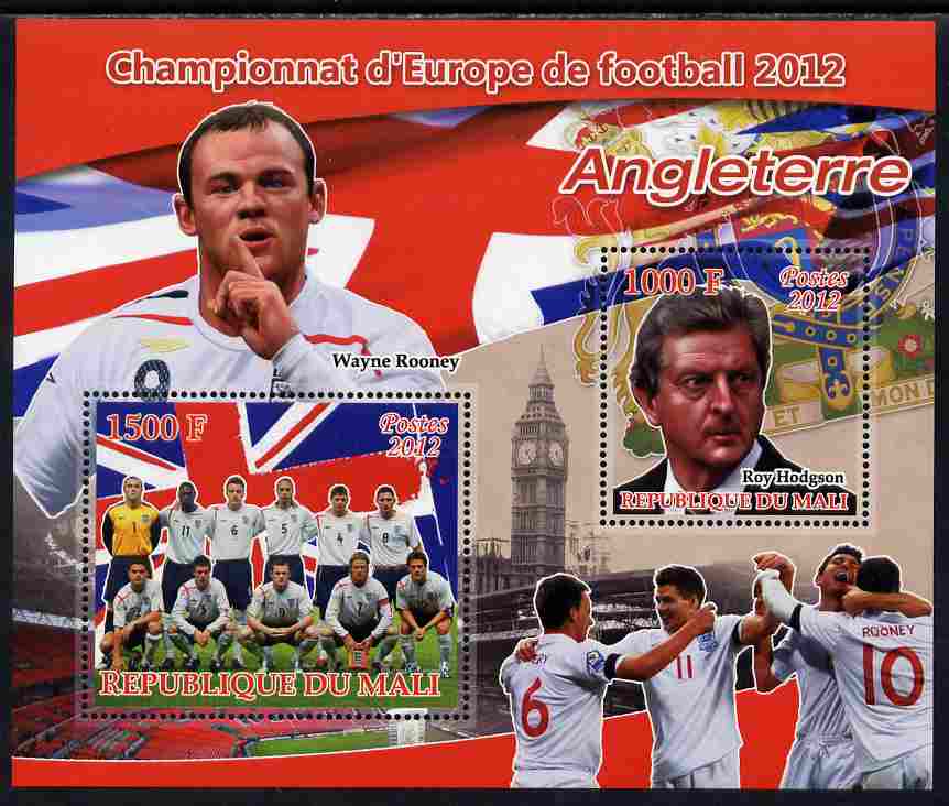 Mali 2012 European Footbal Championship - England large perf s/sheet containing 2 values unmounted mint, stamps on , stamps on  stamps on football, stamps on  stamps on flags, stamps on  stamps on london, stamps on  stamps on clocks