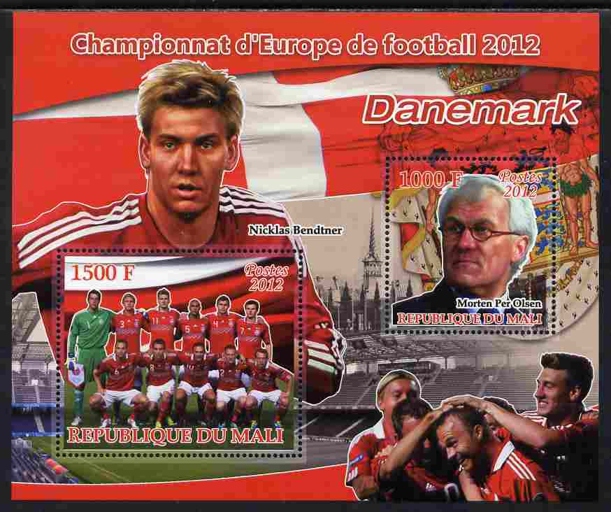 Mali 2012 European Footbal Championship - Denmark large perf s/sheet containing 2 values unmounted mint, stamps on , stamps on  stamps on football, stamps on  stamps on flags, stamps on  stamps on 