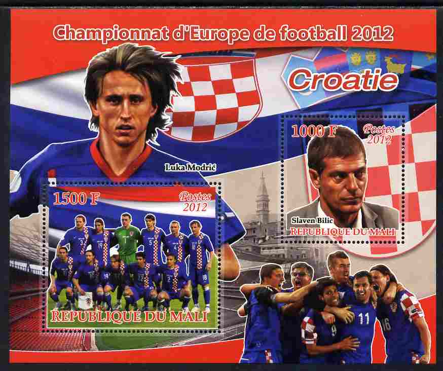 Mali 2012 European Footbal Championship - Croatia large perf s/sheet containing 2 values unmounted mint, stamps on , stamps on  stamps on football, stamps on  stamps on flags, stamps on  stamps on 