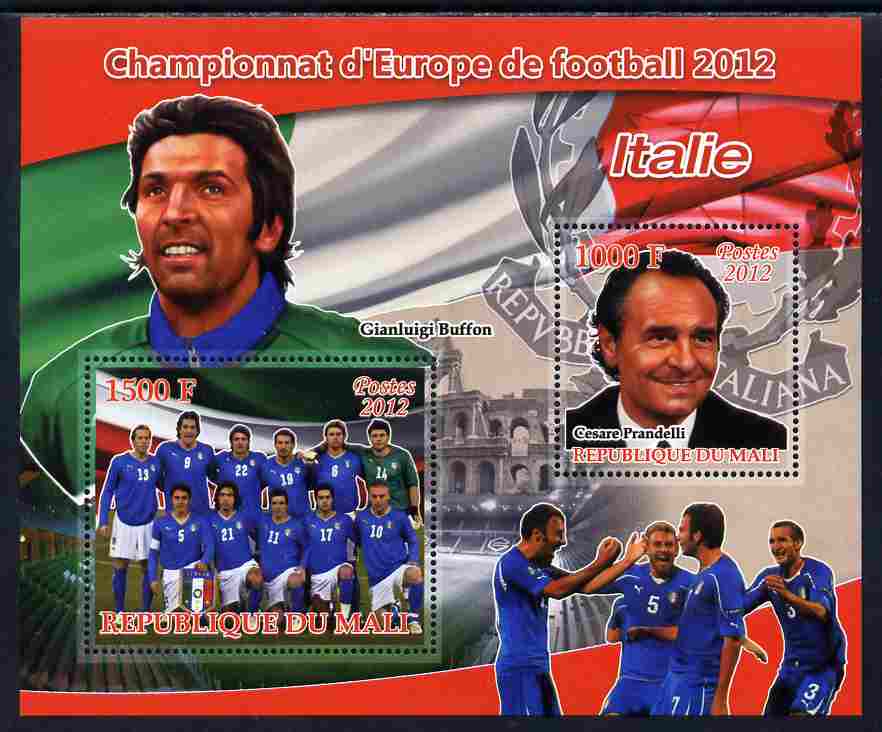 Mali 2012 European Footbal Championship - Italy large perf s/sheet containing 2 values unmounted mint, stamps on , stamps on  stamps on football, stamps on  stamps on flags, stamps on  stamps on 