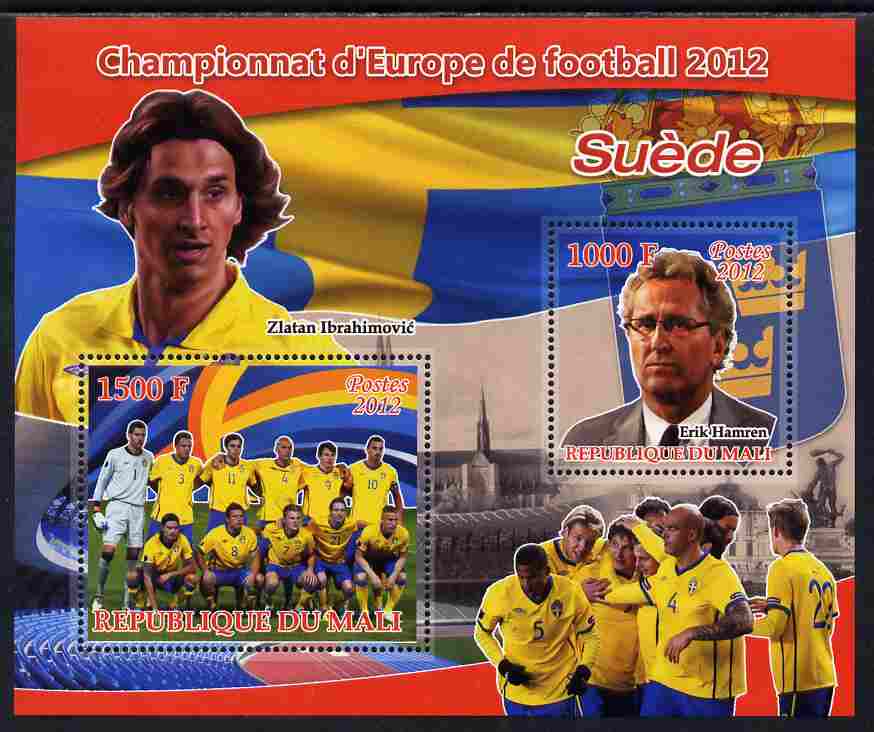 Mali 2012 European Footbal Championship - Sweden large perf s/sheet containing 2 values unmounted mint, stamps on football, stamps on flags, stamps on 