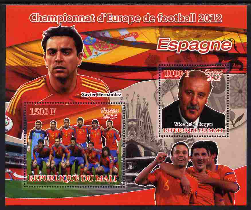 Mali 2012 European Footbal Championship - Spain large perf s/sheet containing 2 values unmounted mint, stamps on , stamps on  stamps on football, stamps on  stamps on flags, stamps on  stamps on 