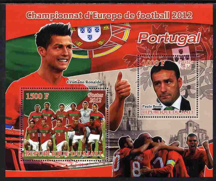 Mali 2012 European Footbal Championship - Portugal large perf s/sheet containing 2 values unmounted mint, stamps on , stamps on  stamps on football, stamps on  stamps on flags, stamps on  stamps on 