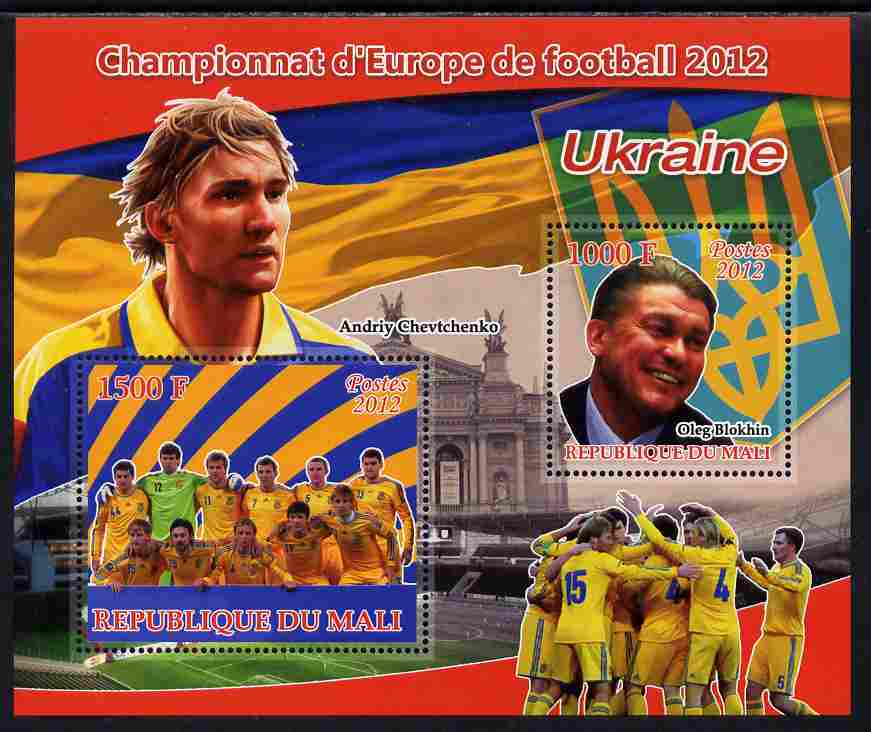 Mali 2012 European Footbal Championship - Ukraine large perf s/sheet containing 2 values unmounted mint, stamps on , stamps on  stamps on football, stamps on  stamps on flags, stamps on  stamps on 