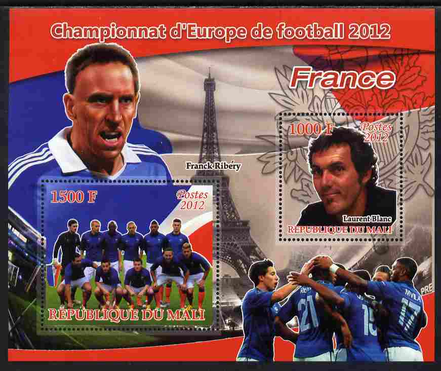 Mali 2012 European Footbal Championship - France large perf s/sheet containing 2 values unmounted mint, stamps on football, stamps on flags, stamps on eiffel tower