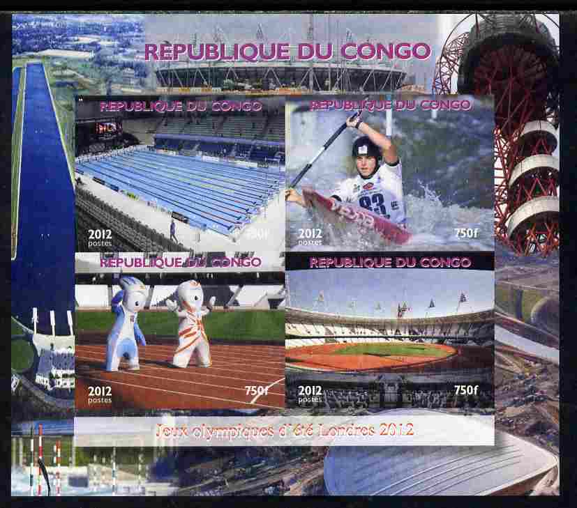 Congo 2012 London Olympic Games imperf sheetlet containing 4 values unmounted mint. Note this item is privately produced and is offered purely on its thematic appeal, it has no postal validity, stamps on , stamps on  stamps on olympics, stamps on  stamps on swimming, stamps on  stamps on rowing