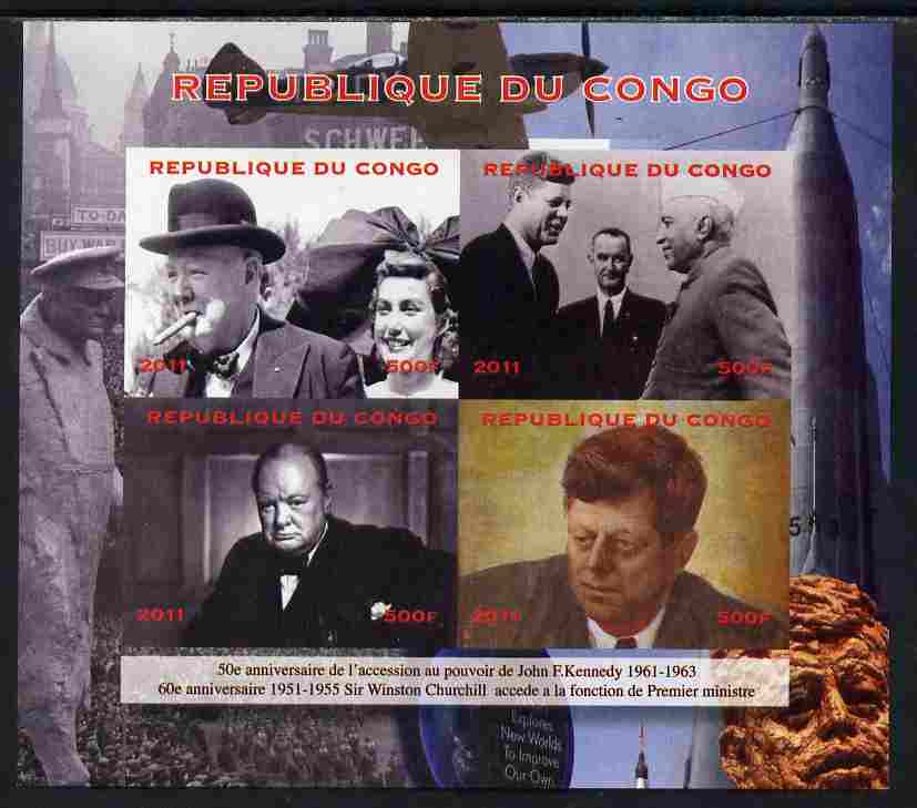 Congo 2012 Churchill & Kennedy imperf sheetlet containing 4 values unmounted mint. Note this item is privately produced and is offered purely on its thematic appeal, it has no postal validity, stamps on , stamps on  stamps on personalities, stamps on  stamps on churchill, stamps on  stamps on constitutions, stamps on  stamps on  ww2 , stamps on  stamps on masonry, stamps on  stamps on masonics, stamps on  stamps on kennedy, stamps on  stamps on usa presidents, stamps on  stamps on americana, stamps on  stamps on london, stamps on  stamps on rockets