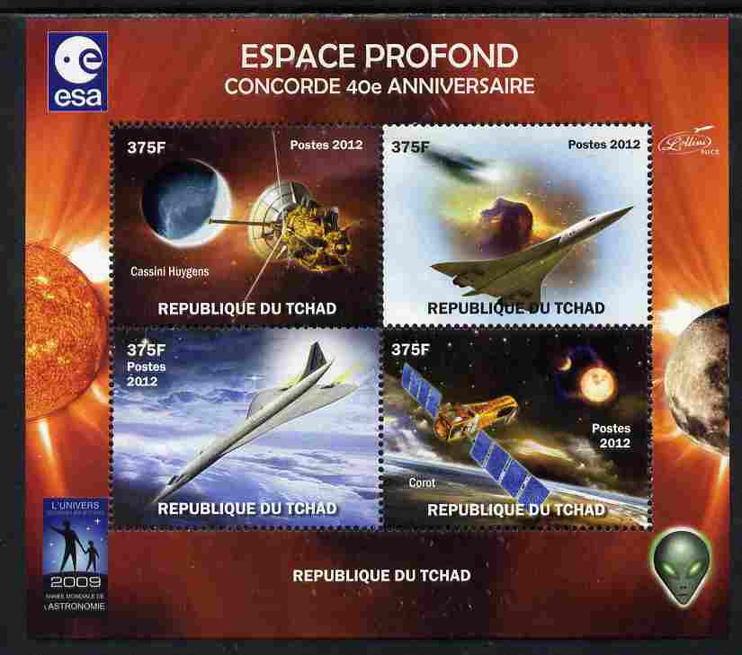 Chad 2012 Concorde 40th Anniversary - Deep Space perf sheetlet containing 4 values unmounted mint. Note this item is privately produced and is offered purely on its thematic appeal. , stamps on , stamps on  stamps on aviation, stamps on  stamps on concorde, stamps on  stamps on space, stamps on  stamps on satellites