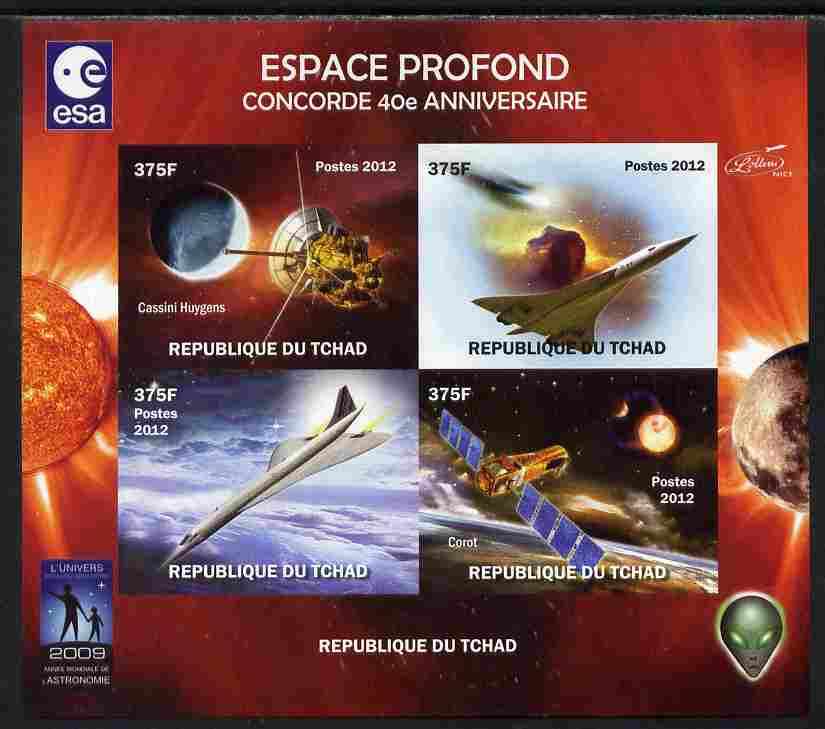 Chad 2012 Concorde 40th Anniversary - Deep Space imperf sheetlet containing 4 values unmounted mint. Note this item is privately produced and is offered purely on its thematic appeal. , stamps on , stamps on  stamps on aviation, stamps on  stamps on concorde, stamps on  stamps on space, stamps on  stamps on satellites