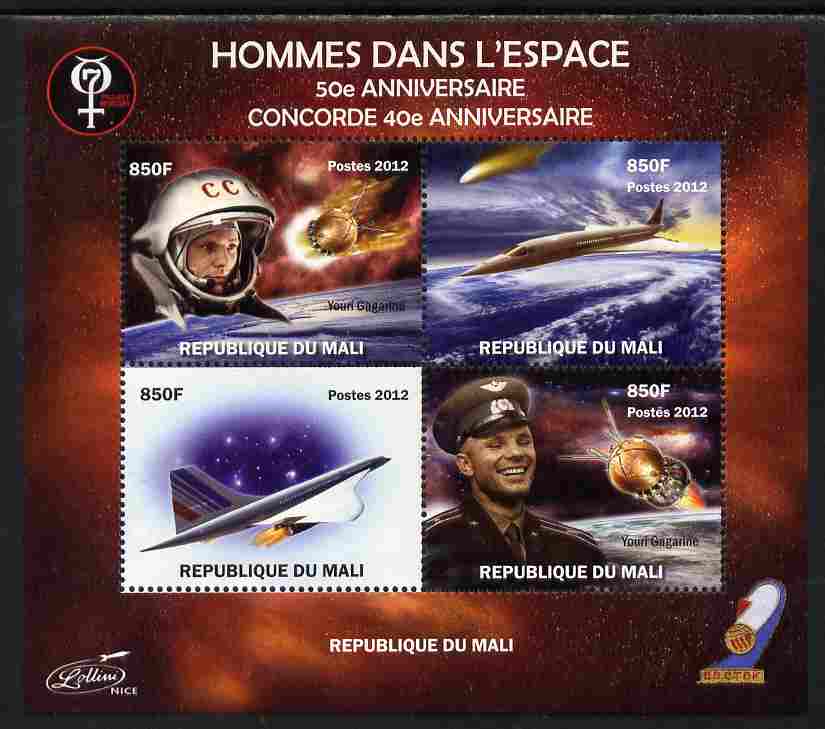 Mali 2012 Concorde 40th Anniversary - Men in Space perf sheetlet containing 4 values unmounted mint. Note this item is privately produced and is offered purely on its thematic appeal , stamps on , stamps on  stamps on aviation, stamps on  stamps on concorde, stamps on  stamps on space, stamps on  stamps on satellites