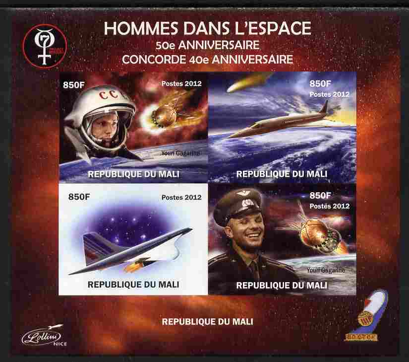 Mali 2012 Concorde 40th Anniversary - Men in Space imperf sheetlet containing 4 values unmounted mint. Note this item is privately produced and is offered purely on its thematic appeal, it has no postal validity, stamps on , stamps on  stamps on aviation, stamps on  stamps on concorde, stamps on  stamps on space, stamps on  stamps on satellites