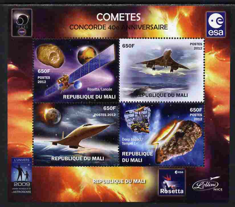 Mali 2012 Concorde 40th Anniversary - Comets perf sheetlet containing 4 values unmounted mint. Note this item is privately produced and is offered purely on its thematic appeal , stamps on aviation, stamps on concorde, stamps on space, stamps on satellites