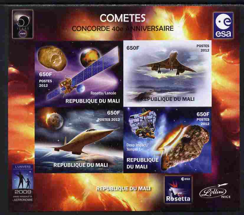 Mali 2012 Concorde 40th Anniversary - Comets imperf sheetlet containing 4 values unmounted mint. Note this item is privately produced and is offered purely on its thematic appeal, it has no postal validity, stamps on , stamps on  stamps on aviation, stamps on  stamps on concorde, stamps on  stamps on space, stamps on  stamps on satellites