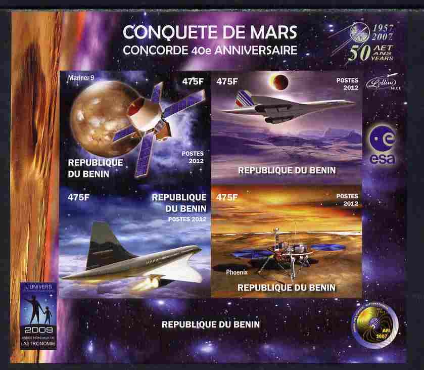 Benin 2012 Concorde 40th Anniversary - Conquest of Mars imperf sheetlet containing 4 values unmounted mint. Note this item is privately produced and is offered purely on its thematic appeal, it has no postal validity, stamps on , stamps on  stamps on aviation, stamps on  stamps on concorde, stamps on  stamps on space, stamps on  stamps on satellites, stamps on  stamps on planets
