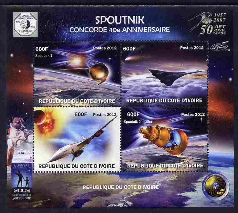 Ivory Coast 2012 Concorde 40th Anniversary - Sputnik perf sheetlet containing 4 values unmounted mint. Note this item is privately produced and is offered purely on its thematic appeal , stamps on aviation, stamps on concorde, stamps on space, stamps on satellites