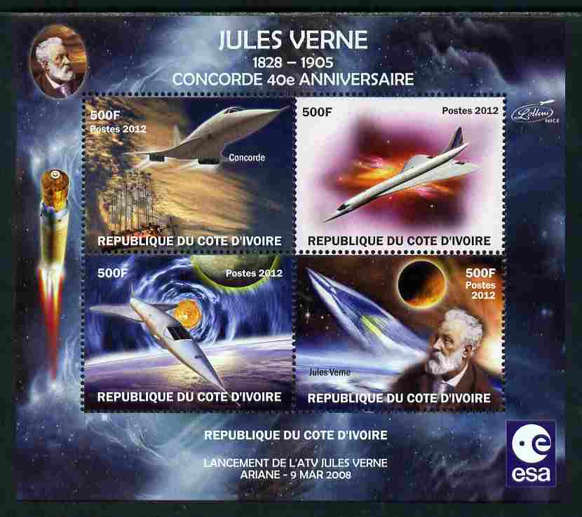 Ivory Coast 2012 Concorde 40th Anniversary - Jules Verne perf sheetlet containing 4 values unmounted mint. Note this item is privately produced and is offered purely on its thematic appeal , stamps on , stamps on  stamps on aviation, stamps on  stamps on concorde, stamps on  stamps on space, stamps on  stamps on satellites, stamps on  stamps on personalities, stamps on  stamps on literature, stamps on  stamps on sci-fi, stamps on  stamps on verne