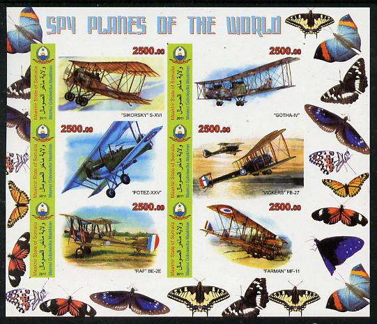 Maakhir State of Somalia 2011 Spy Planes of the World #1 imperf sheetlet containing 6 values (Butterflies in margins) unmounted mint , stamps on , stamps on  stamps on aviation, stamps on  stamps on butterflies