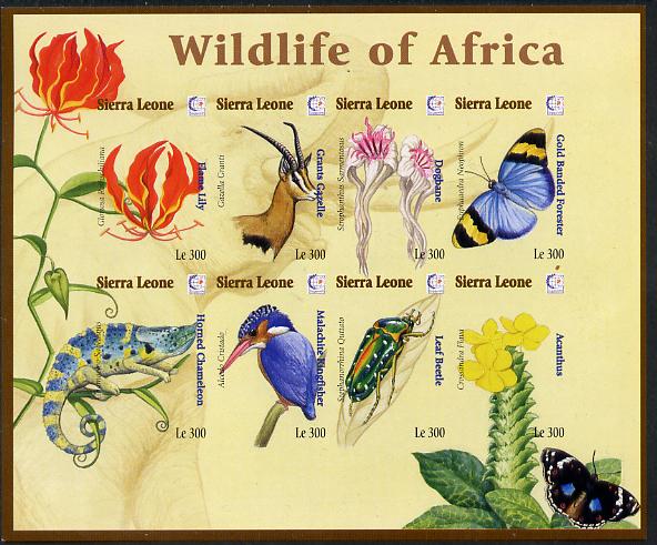 Sierra Leone 1995 Singapore 95 Stamp Exhibition - African Flora & Fauna imperf sheetlet #2 containing 8 values unmounted mint, as SG 2374a, stamps on stamp exhibitions, stamps on flowers, stamps on birds, stamps on insects, stamps on butterflies, stamps on animals, stamps on reptiles