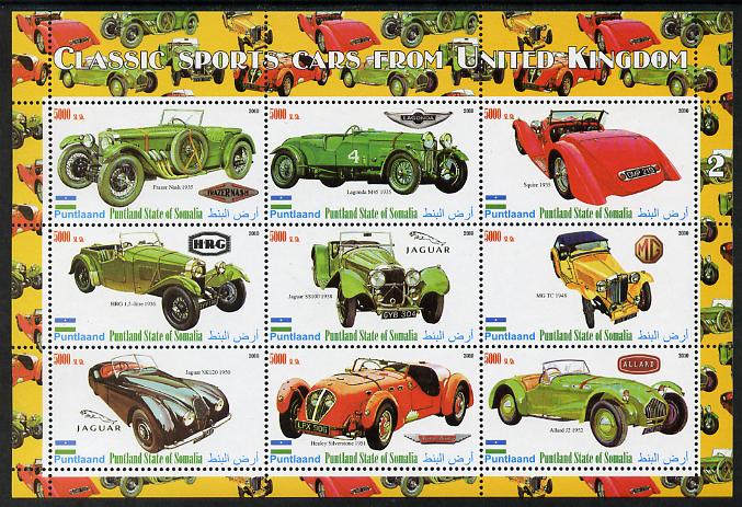 Puntland State of Somalia 2010 Classic Sports Cars of United Kingdom #1 perf sheetlet containing 9 values unmounted mint, stamps on , stamps on  stamps on cars, stamps on  stamps on lagonda, stamps on  stamps on frazer nash, stamps on  stamps on jaguar, stamps on  stamps on  mg , stamps on  stamps on allard, stamps on  stamps on austin healey