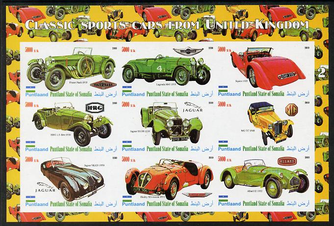 Puntland State of Somalia 2010 Classic Sports Cars of United Kingdom #1 imperf sheetlet containing 9 values unmounted mint, stamps on , stamps on  stamps on cars, stamps on  stamps on lagonda, stamps on  stamps on frazer nash, stamps on  stamps on jaguar, stamps on  stamps on  mg , stamps on  stamps on allard, stamps on  stamps on austin healey