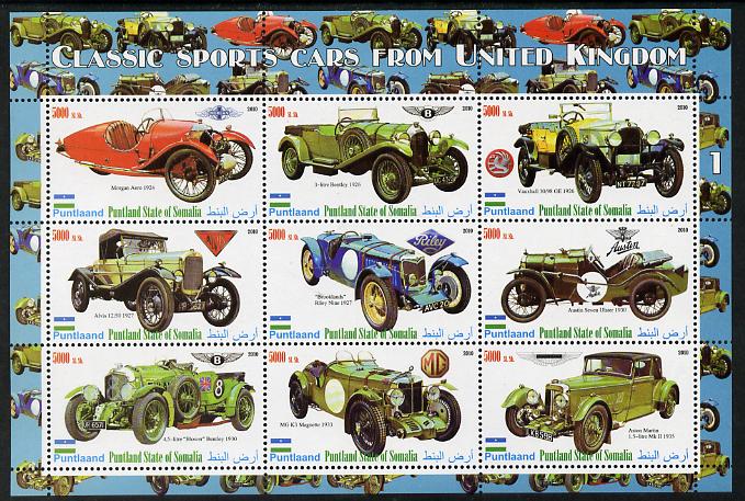 Puntland State of Somalia 2010 Classic Sports Cars of United Kingdom #2 perf sheetlet containing 9 values unmounted mint, stamps on , stamps on  stamps on cars, stamps on  stamps on austin, stamps on  stamps on morgan, stamps on  stamps on bentley, stamps on  stamps on vauxhall, stamps on  stamps on alvis, stamps on  stamps on riley, stamps on  stamps on  mg , stamps on  stamps on aston martin