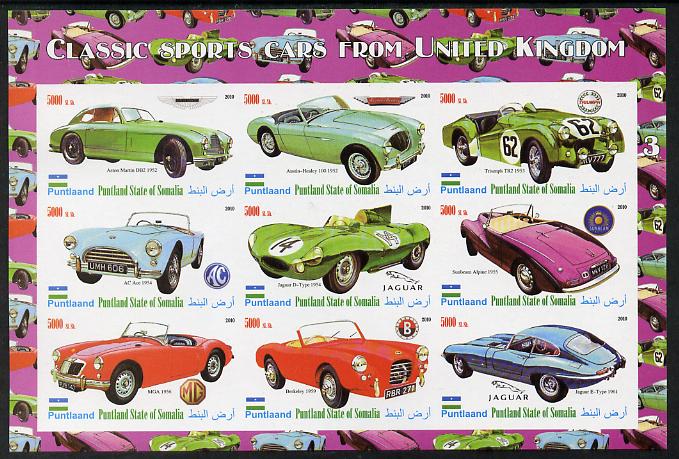 Puntland State of Somalia 2010 Classic Sports Cars of United Kingdom #3 imperf sheetlet containing 9 values unmounted mint, stamps on cars, stamps on austin healey, stamps on aston martin, stamps on triumph, stamps on ac ace, stamps on jaguar, stamps on sunbeam, stamps on  mg , stamps on 