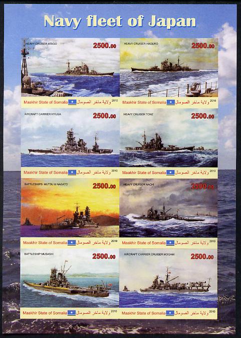 Maakhir State of Somalia 2010 Japanese Naval Fleet imperf sheetlet containing 8 values unmounted mint , stamps on ships, stamps on navy