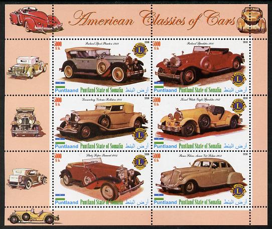 Puntland State of Somalia 2010 Classic Cars of America #1 perf sheetlet containing 6 values with Lions Int Logo unmounted mint, stamps on , stamps on  stamps on cars, stamps on  stamps on lions int, stamps on  stamps on stutz, stamps on  stamps on pierce, stamps on  stamps on duesenberg, stamps on  stamps on packsard, stamps on  stamps on 