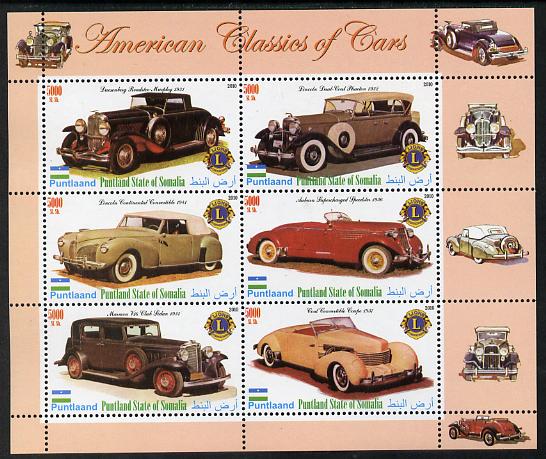 Puntland State of Somalia 2010 Classic Cars of America #2 perf sheetlet containing 6 values with Lions Int Logo unmounted mint, stamps on cars, stamps on lions int, stamps on duesenberg, stamps on lincoln, stamps on cord