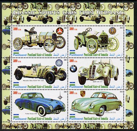Puntland State of Somalia 2010 Classic Sports Cars of Germany perf sheetlet containing 6 values unmounted mint, stamps on cars, stamps on benz, stamps on mercedes, stamps on porsche, stamps on  bmw , stamps on 
