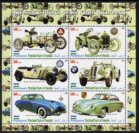 Puntland State of Somalia 2010 Classic Sports Cars of Germany perf sheetlet containing 6 values unmounted mint, stamps on , stamps on  stamps on cars, stamps on  stamps on benz, stamps on  stamps on mercedes, stamps on  stamps on porsche, stamps on  stamps on  bmw , stamps on  stamps on 