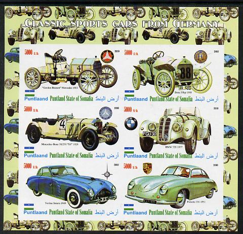 Puntland State of Somalia 2010 Classic Sports Cars of Germany imperf sheetlet containing 6 values unmounted mint, stamps on cars, stamps on benz, stamps on mercedes, stamps on porsche, stamps on  bmw , stamps on 