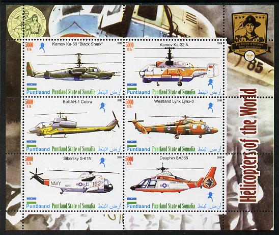 Puntland State of Somalia 2010 Helicopters of the World #1 perf sheetlet containing 6 values with Scout Badges unmounted mint, stamps on scouts, stamps on aviation, stamps on helicopters
