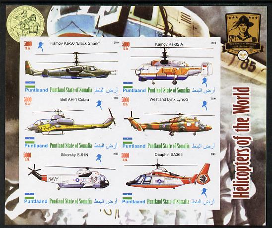 Puntland State of Somalia 2010 Helicopters of the World #1 imperf sheetlet containing 6 values with Scout Badges unmounted mint, stamps on scouts, stamps on aviation, stamps on helicopters
