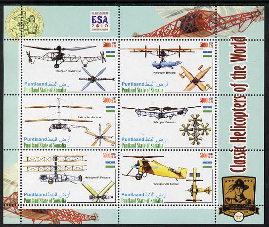 Puntland State of Somalia 2010 Helicopters of the World #2 perf sheetlet containing 6 values with Scout Badges unmounted mint, stamps on , stamps on  stamps on scouts, stamps on  stamps on aviation, stamps on  stamps on helicopters