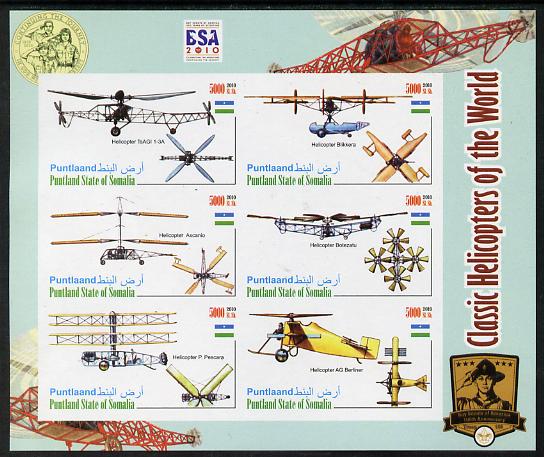 Puntland State of Somalia 2010 Helicopters of the World #2 imperf sheetlet containing 6 values with Scout Badges unmounted mint, stamps on scouts, stamps on aviation, stamps on helicopters