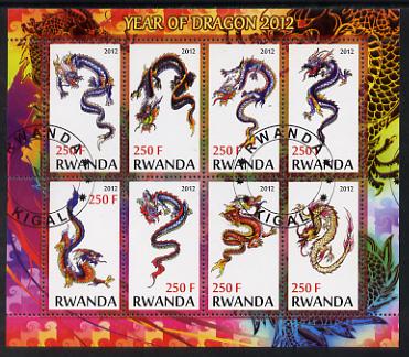 Rwanda 2012 Chinese New Year - Year of the Dragon perf sheetlet containing 8 values fine cto used, stamps on , stamps on  stamps on dragons, stamps on  stamps on lunar