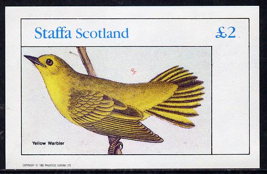Staffa 1982 Audubon Birds #23 (Yellow Warbler) imperf deluxe sheet (£2 value) unmounted mint, stamps on birds, stamps on audubon