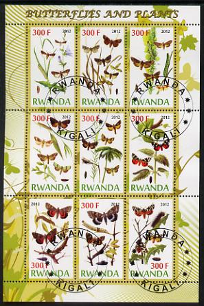 Rwanda 2012 Butterflies & Plants #1 perf sheetlet containing 9 values fine cto used, stamps on butterflies, stamps on flowers